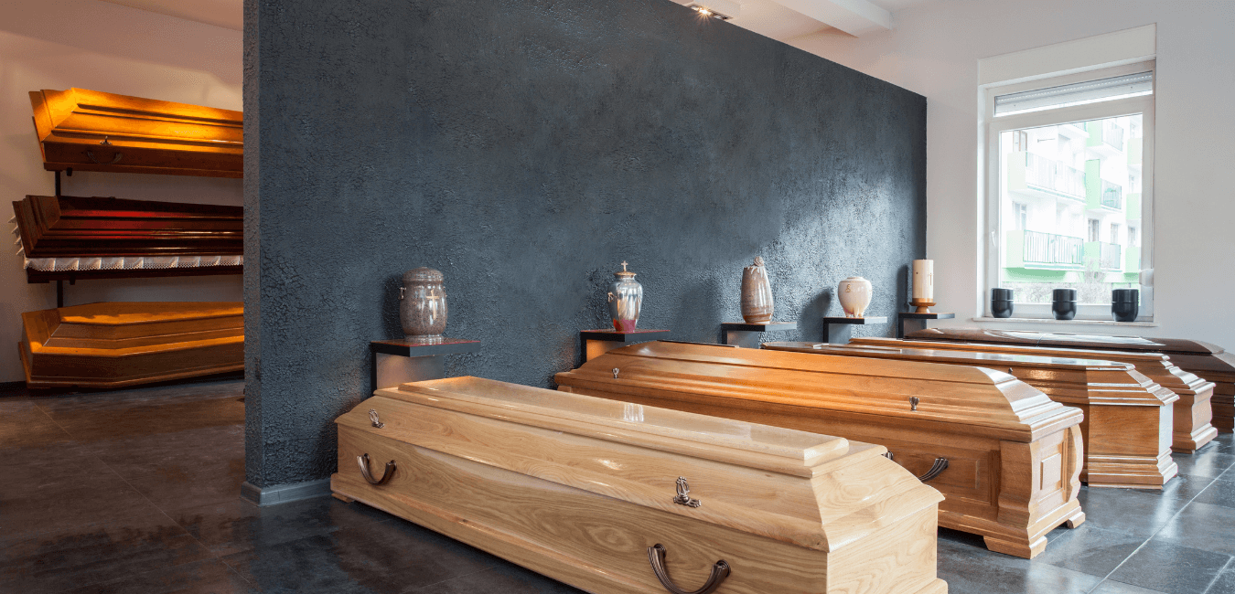 Coffins and urns on display